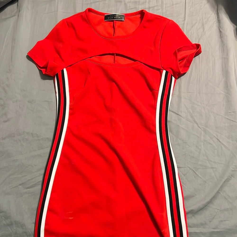 Blue blush red mini dress with stripes on side
